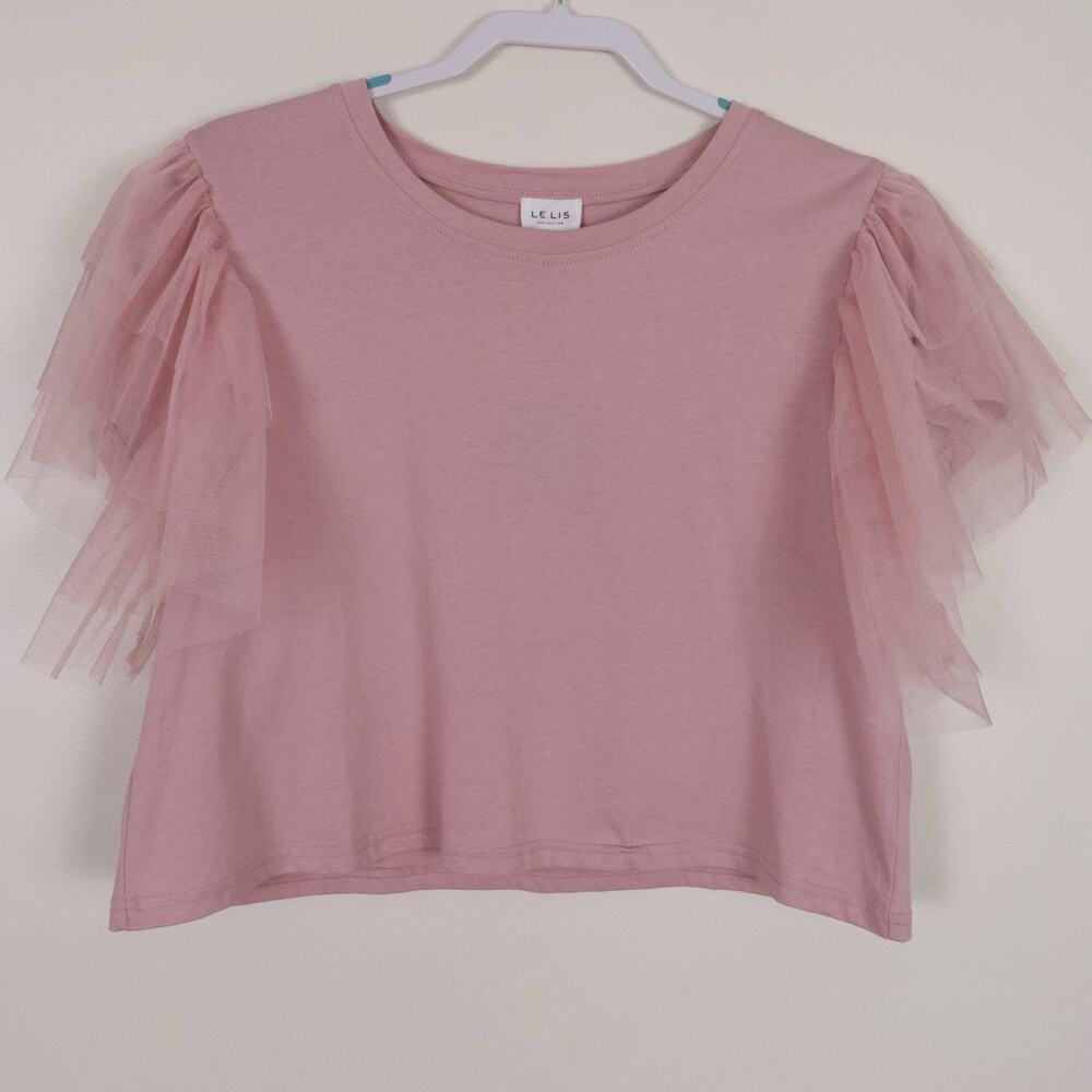 NWT Le Lis Pink Tulle Ruffle Sleeve Boxy T Shirt Size L Whimsical Fairy Coquette - Picture 2 of 8